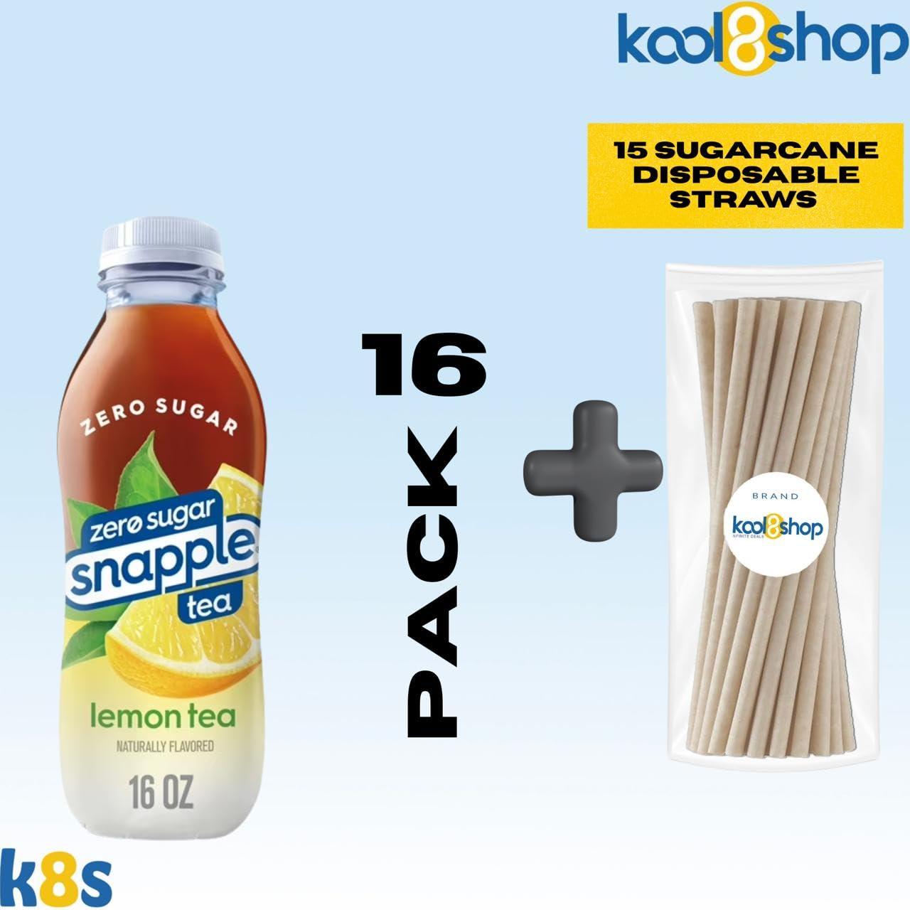 Snapple Zero Sugar Lemon Tea All Natural Iced Tea 16 Fl Oz Plastic Bottles 16 Pack + 15 Sugarcane Disposable Straws By Kool8Shop
