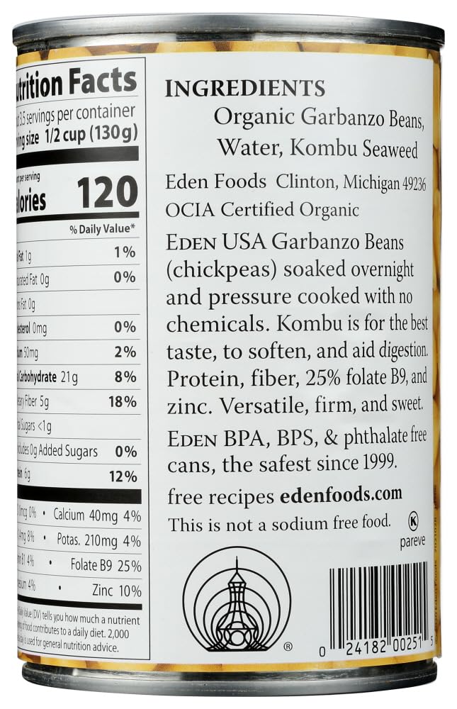Eden Organic Garbanzo Beans, No Salt Added, 15 Ounce (Pack of 12)