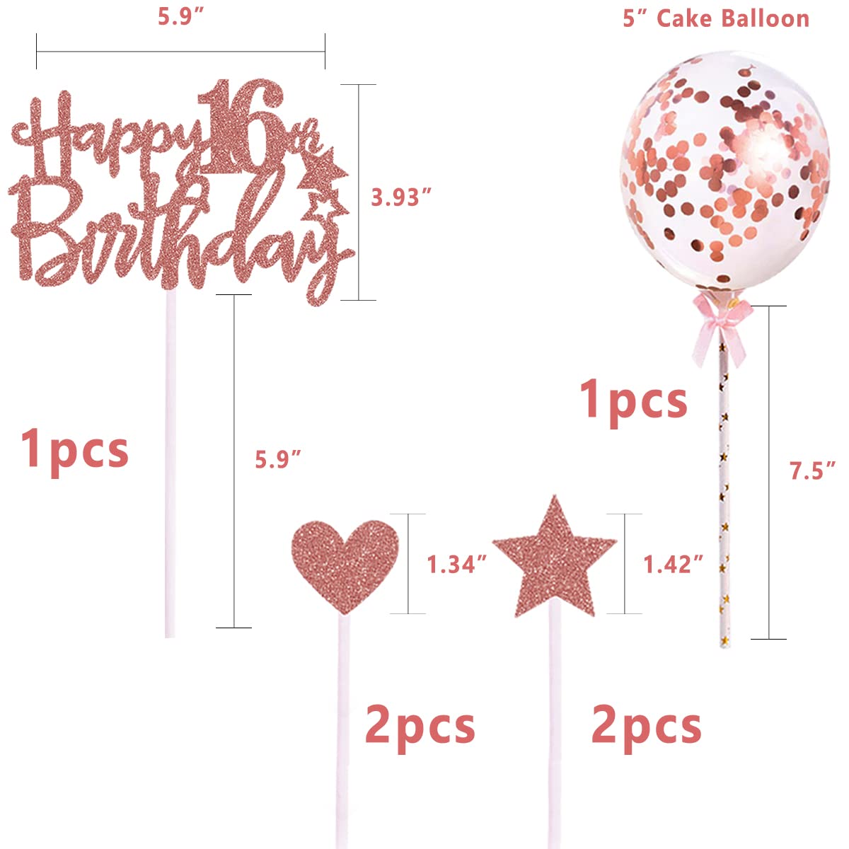 Iealods 16Th Happy Birthday Cake Topper, Rose Gold Glitter 16Th Birthday Cake Topper With Balloon Cake Topper For Girl Birthday