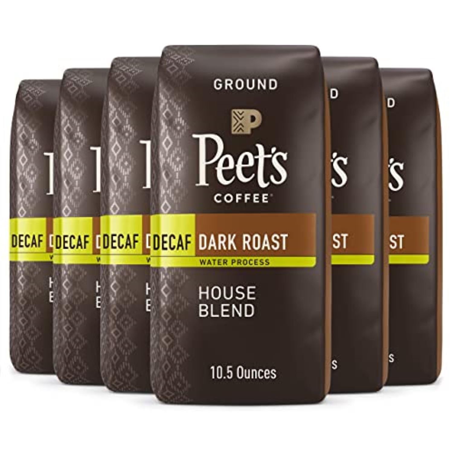 Peets Coffee Dark Roast Ground Coffee Decaf House Blend 63 Ounces (6 Bags of 10.5 Ounces)