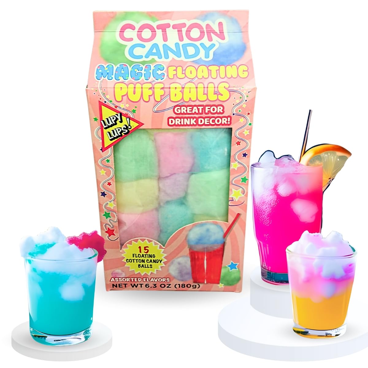 Lupy Lups! Magic Floating Cotton Candy -It Floats! 6.3 oz 15 Balls-Assorted Flavors- Pastel Candy for Stocking, Treats, Party Fa
