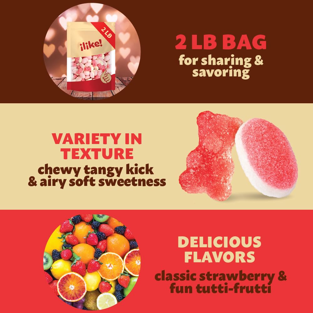 ILIKE! Pink Candy Mix - Sour Gummy Bears & Puffy Gummies, Tutti-Frutti & Strawberry Flavors, 2-Pound Bag