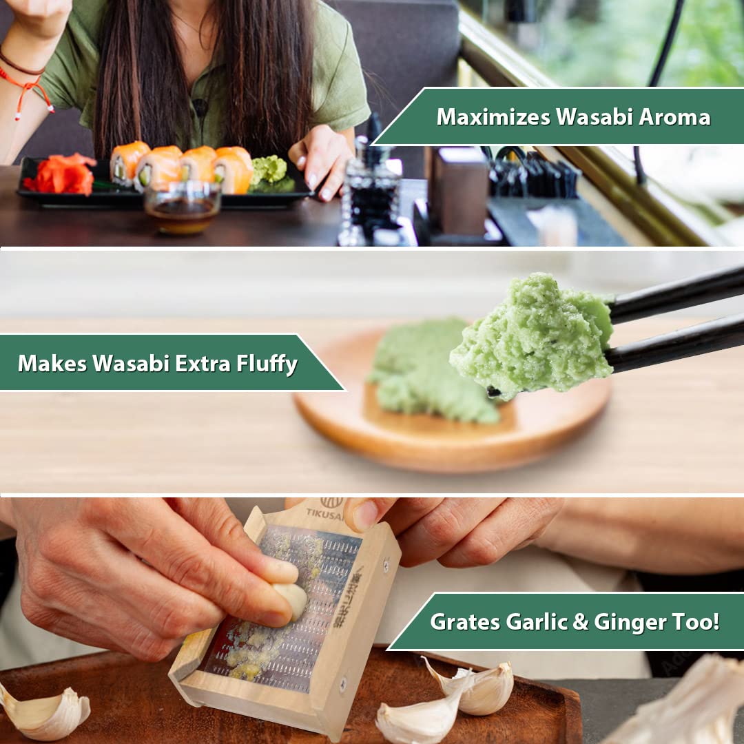 TIKUSAN Japanese Wooden Wasabi Grater (Wasabi Oroshi) for Wasabi, Ginger and Garlic with Bamboo Brush Made in Japan