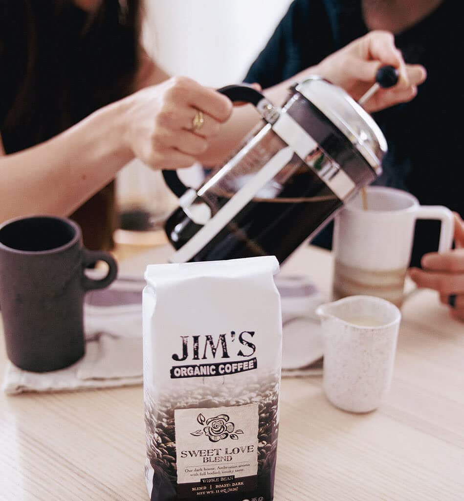 Jims Organic Coffee Sweet Love Blend Ground Dark Roast 11 oz Bag Certified Organic Ethically Traded Shade Grown Coffee
