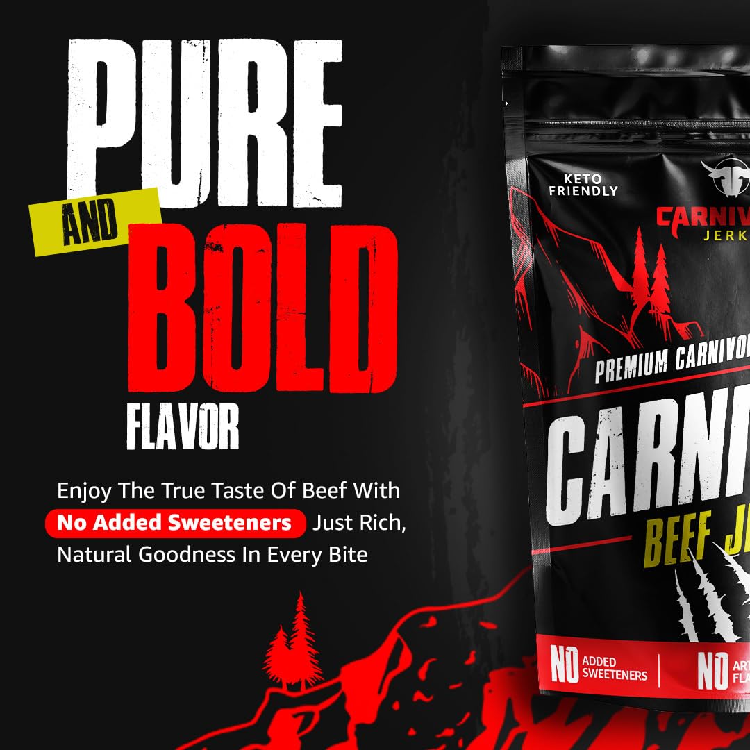 Carnivore Jerky | Grass Fed Beef Jerky - 3 Simple Ingredients - All Natural Carnivore Diet Snack - Sugar Free Keto Friendly Prot