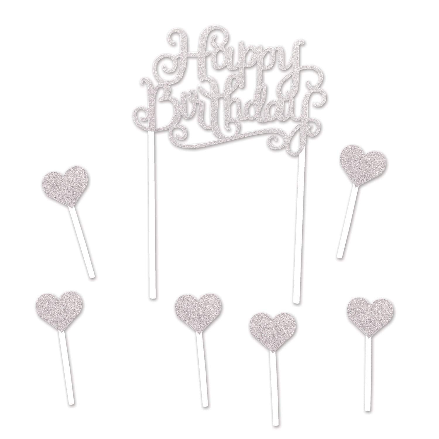Beistle Silver Glitter Happy Birthday Cake Topper - 5½ x 8 Plastic Model 52216-S