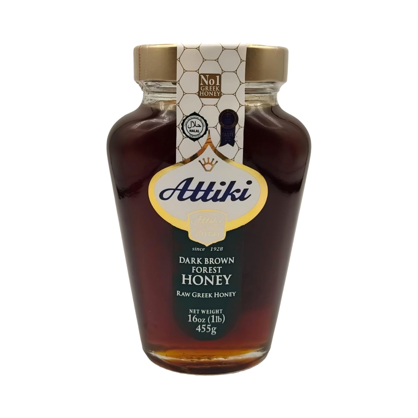 Attiki Dark Brown Greek Honey with Wild Flora and Thyme, Perfect for Baking, Cooking, Lemonade and Tea, 16 oz (453 grams), Glass