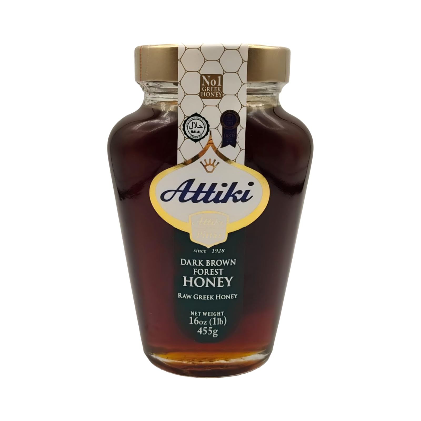 Attiki Dark Brown Greek Honey with Wild Flora and Thyme, Perfect for Baking, Cooking, Lemonade and Tea, 16 oz (453 grams), Glass