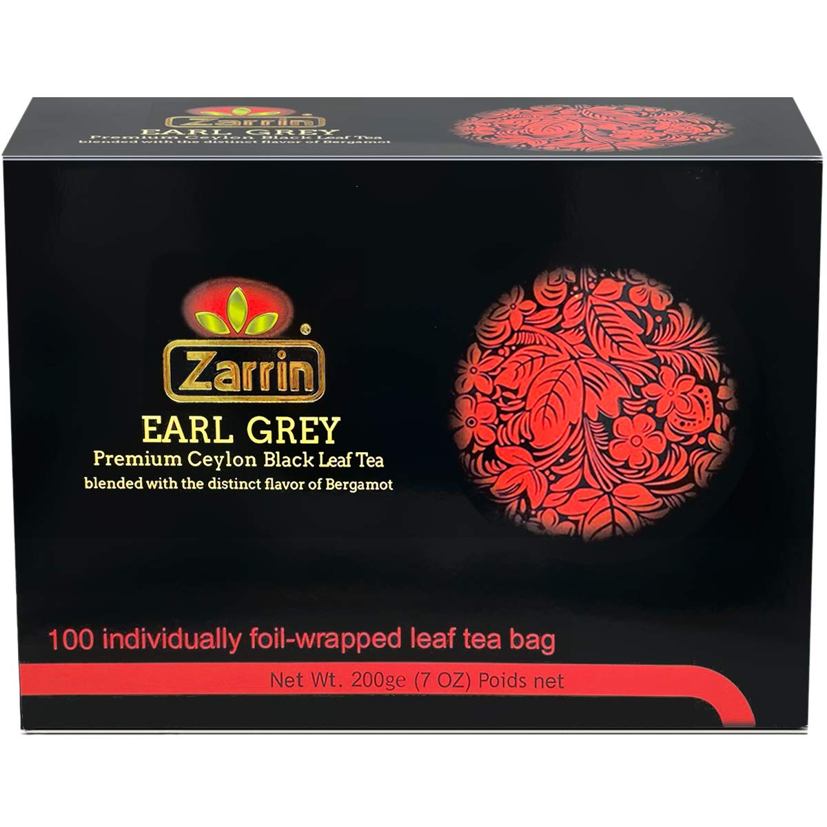 Zarrin Premium Ceylon Earl Grey Black Leaf Tea, 100 Individually Foil-wrapped Tea Bags, 100 Count