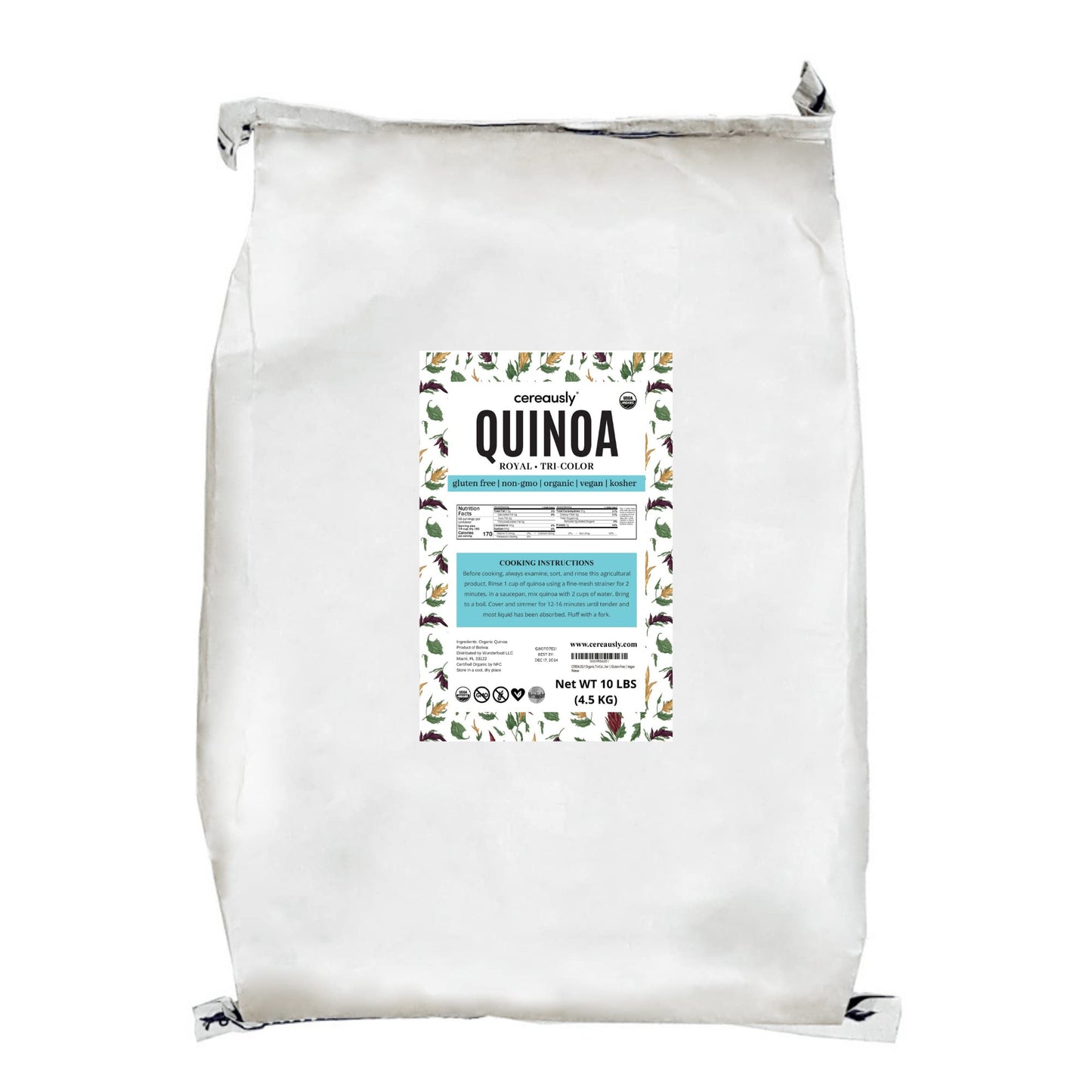 Cereausly Organic Tri-Color Quinoa, Vegan, Gluten-Free, 10 LB Bulk, Kosher, Non-GMO