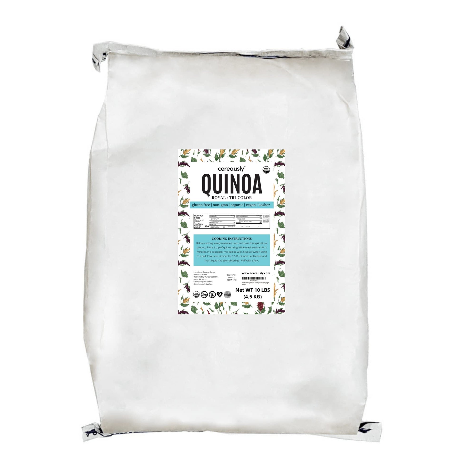 Cereausly Organic Tri-Color Quinoa, Vegan, Gluten-Free, 10 LB Bulk, Kosher, Non-GMO
