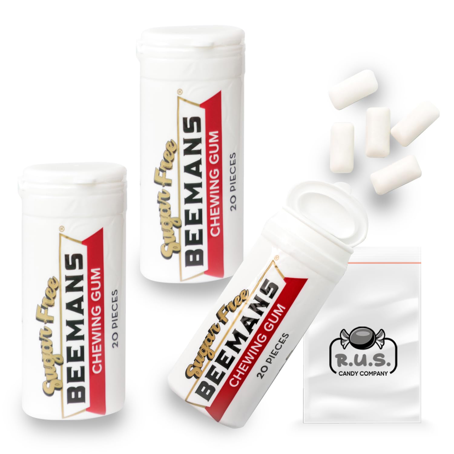 Gerrits Sugar Free Gum Tubes- 3 Pack of 20 Gum Pieces Each- comes with RUS Candy Company travel bag (3 Pack, Beemans)