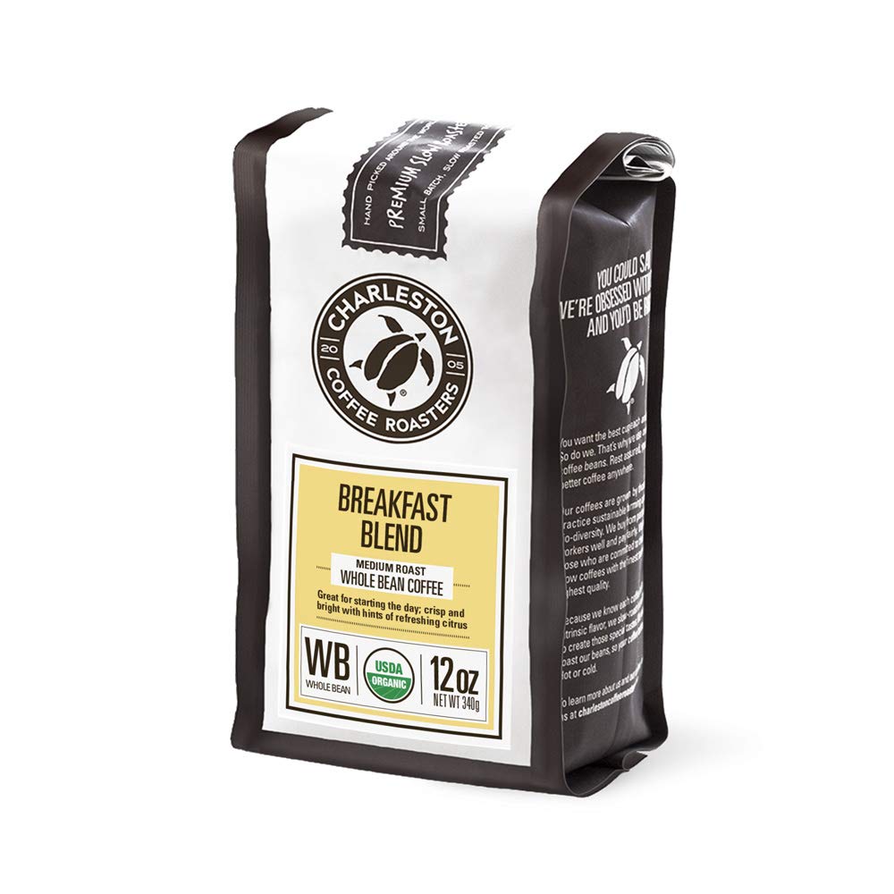 Charleston Coffee Roasters | Specialty Organic Whole Bean Coffee | Hand Picked, Premium Slow Roast | (Breakfast Blend, Medium Roast) 12Oz, 6 Pack