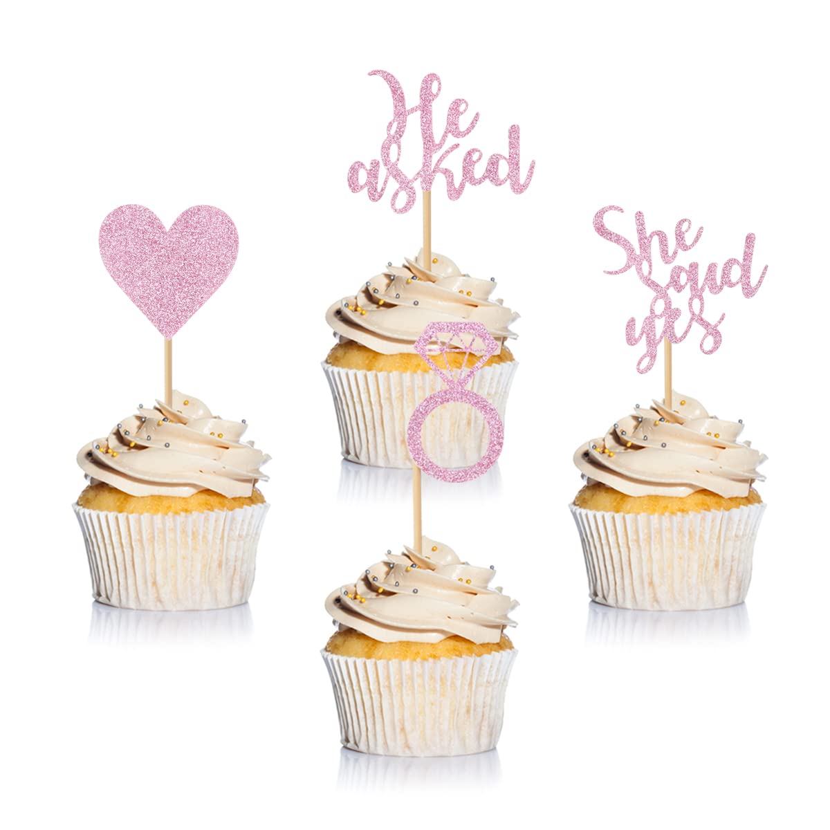 Donoter 24 Pieces Pink Glitter Engagement Cupcake Toppers He Asked She Said Yes Diamond Ring Heart Cupcake Picks For Wedding Bri