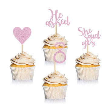 Donoter 24 Pieces Pink Glitter Engagement Cupcake Toppers He Asked She Said Yes Diamond Ring Heart Cupcake Picks For Wedding Bri
