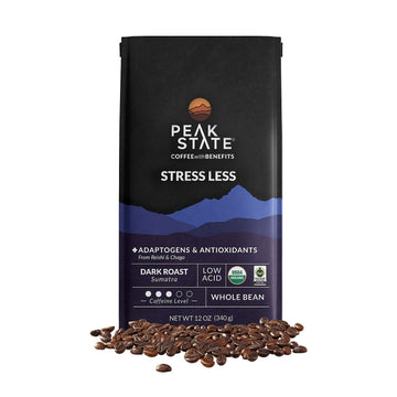 Peak State Coffee With Benefits - Mushroom Coffee Organic Coffee Beans - Stress Less Dark Roast Adaptogen Coffee With Reishi & C