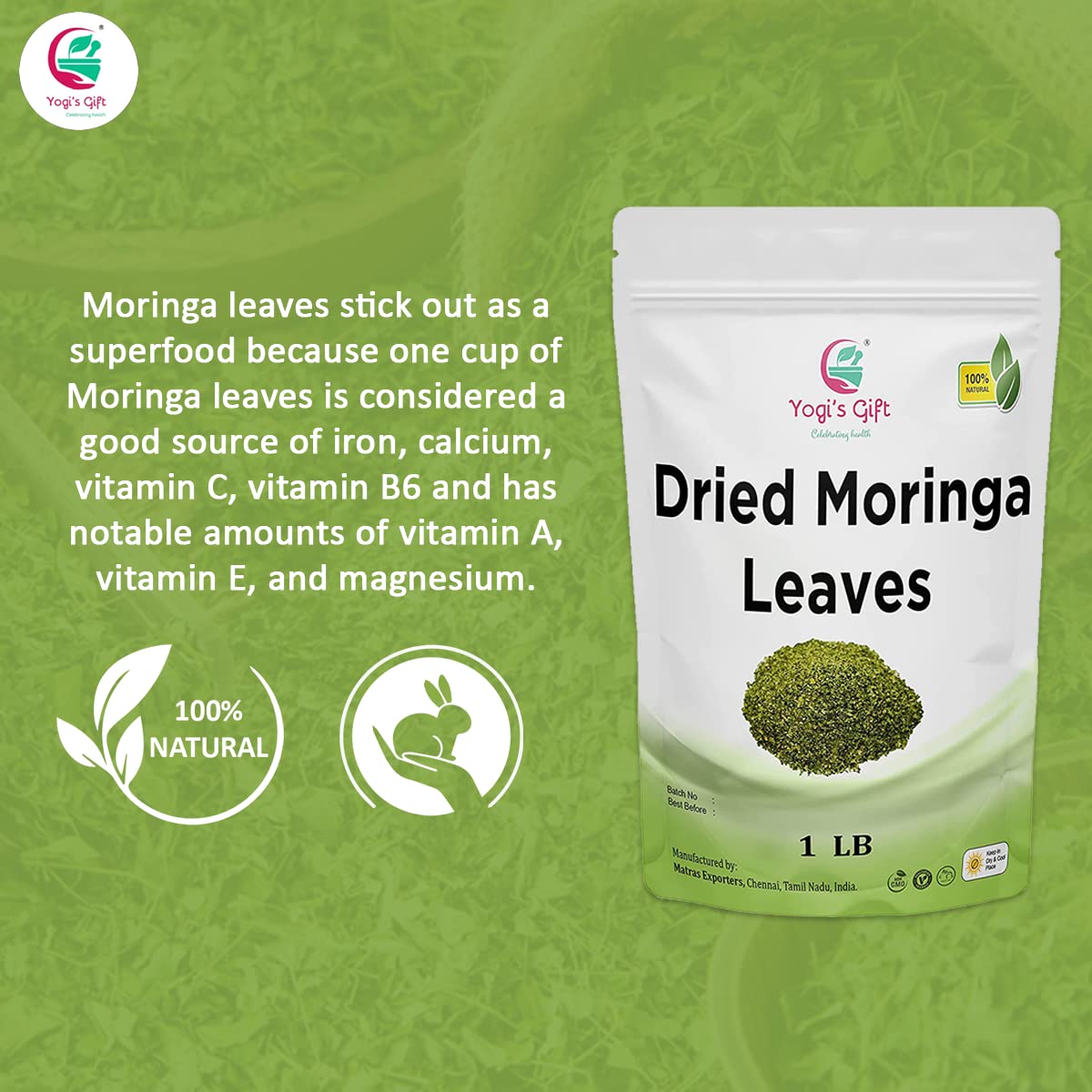 YOGI’S GIFT Moringa Leaves Loose 1 LB | 100% Natural Tea & Salad Enhancer | No Stems | Premium Moringa Leaf