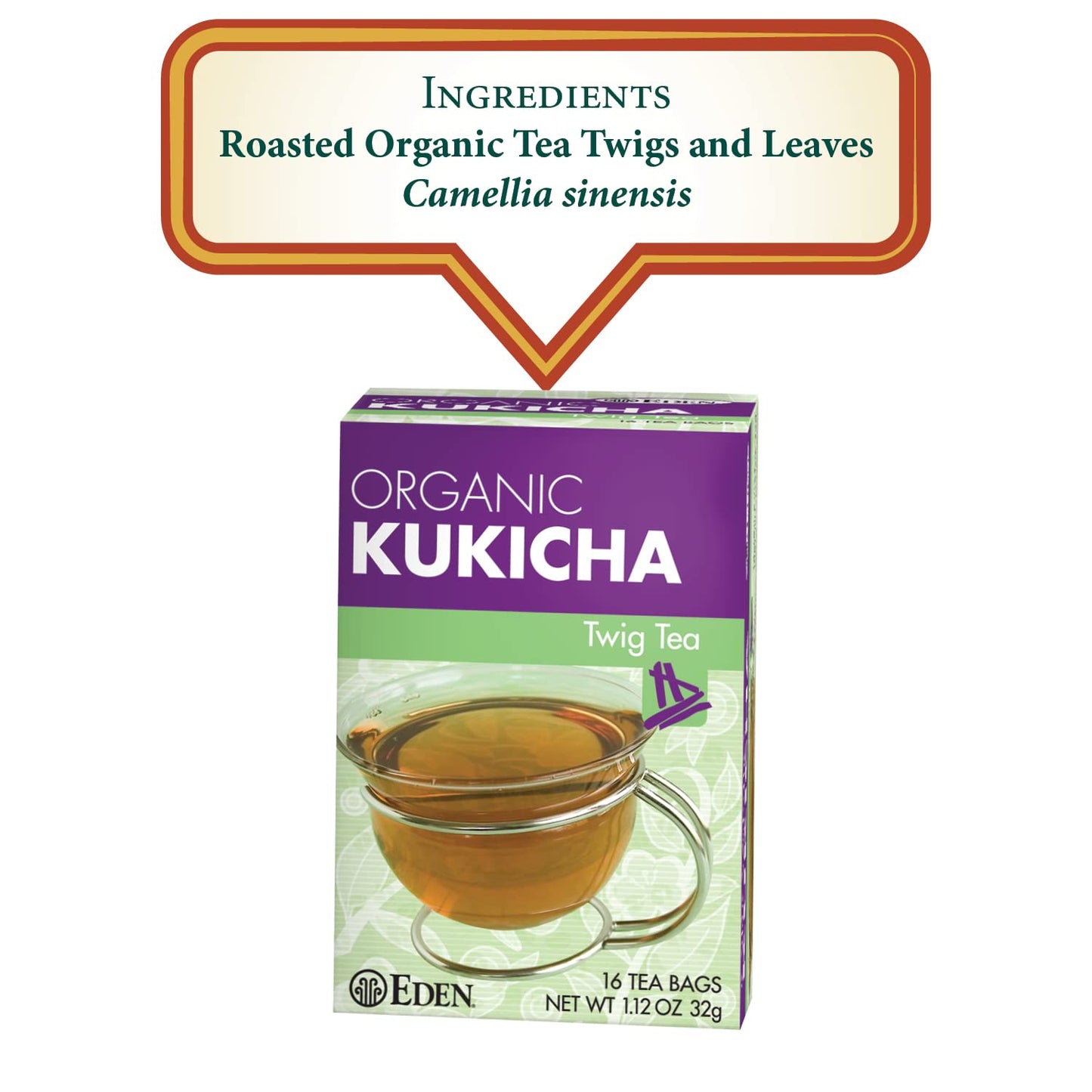 Eden Kukicha Organic Roasted Twig Tea, Low Caffeine, 16 Unbleached Manila Tea Bags, 3 Pack