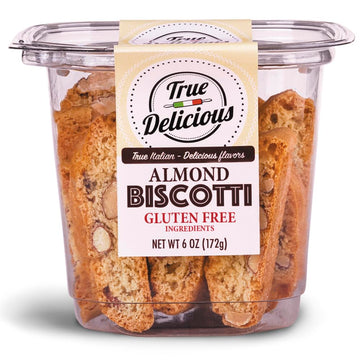 True Delicious GLUTEN FREE INGREDIENTS ALMOND BISCOTTI  buttery  fine Italian cookies  baked twice (4 boxes of 6oz each)