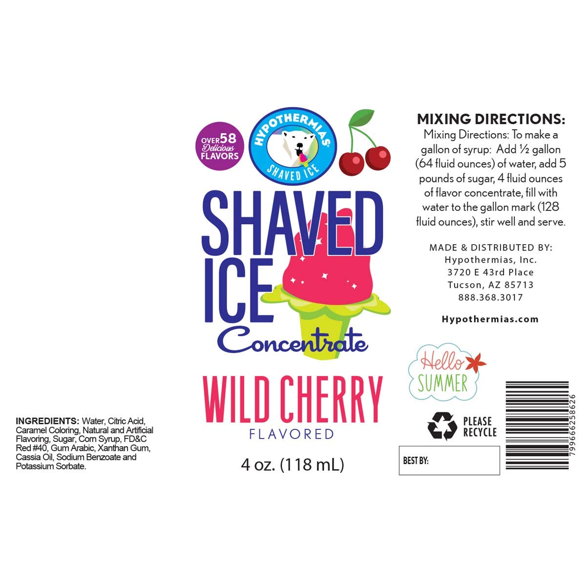Hypothermias Unsweetened Wild Cherry Shaved Ice Syrup Concentrate - 4 Fl Oz - Makes 1 Gallon of Syrup
