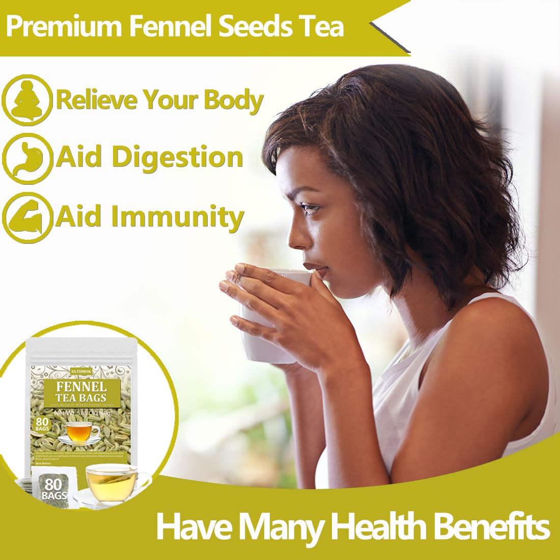 ULTHMOK Premium Fennel Tea Bags, Caffeine Free, 80 Count, Natural Whole Fennel Seeds