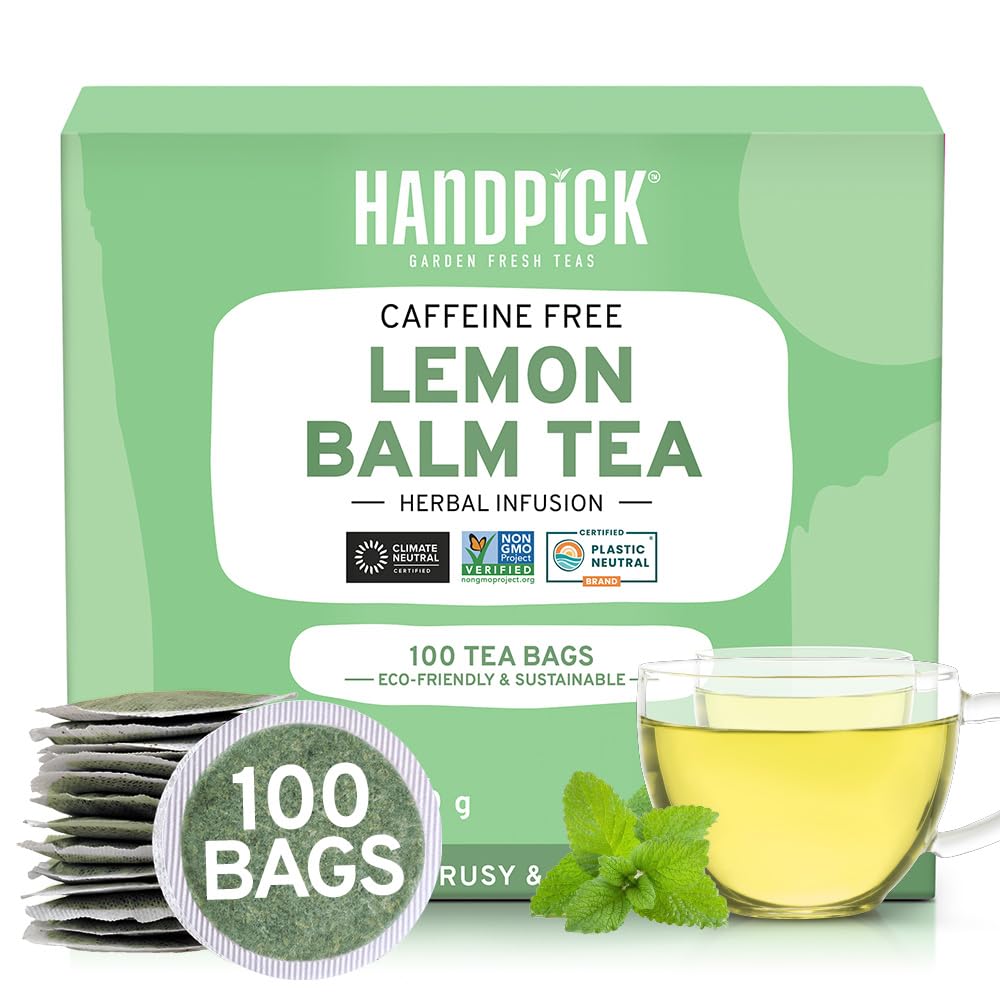 HANDPICK Lemon Balm Tea Bags - Caffeine-Free Herbal Tea, Citrus Flavor, 100 Count