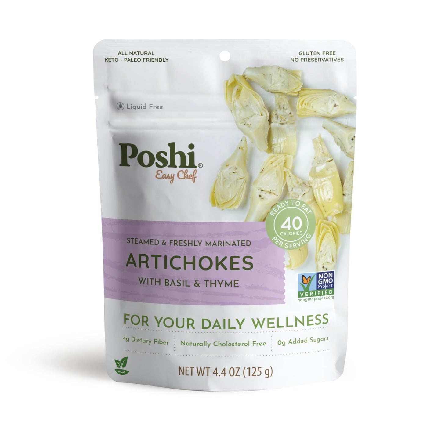 POSHI Marinated Artichoke Hearts with Basil + Thyme Natural, Keto, Vegan, Non GMO, Low Carb + Calorie, Gluten Free Ready to Eat 