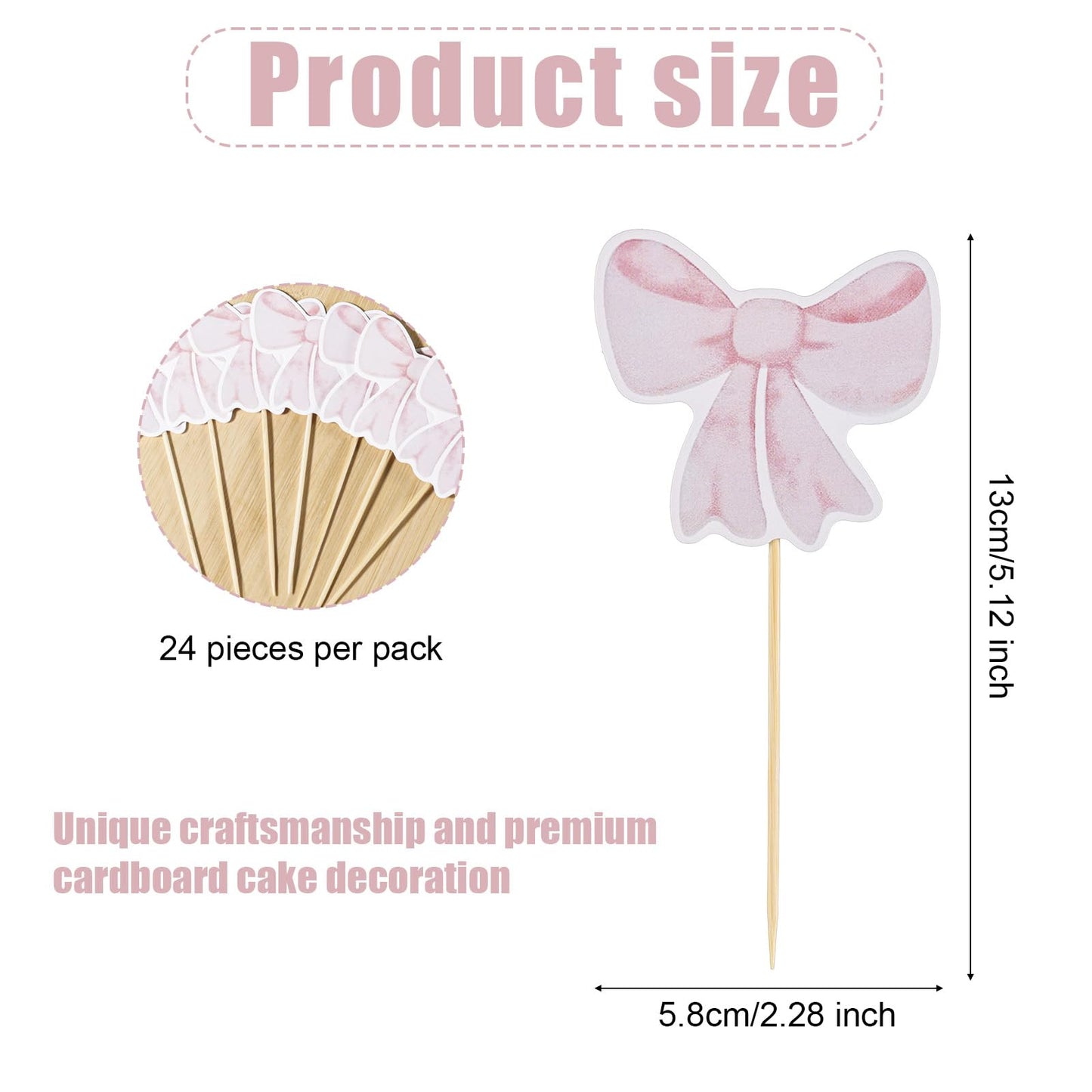 PEUTIER 24pcs Bow Cupcake Toppers, Pink Paper Decorations for Birthday, Wedding, Bachelorette Party, Model 13105