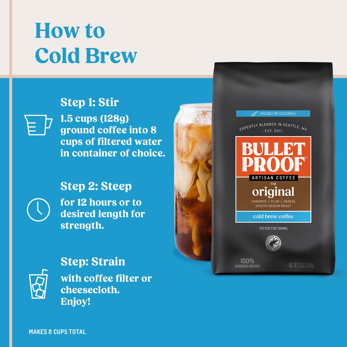 Bulletproof Original Medium Roast Ground Cold Brew Coffee, 12 Ounces, Clean And Tested For Toxins, Smooth Artisan Coffee Ground