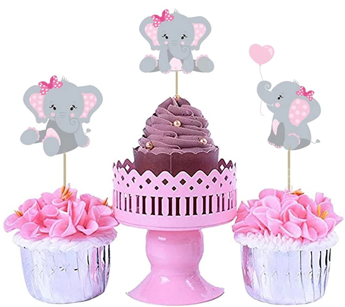 48Pcs Pink Elephant Cupcake Toppers, Double Sided It Is A Girl Elephant Cupcake Picks, Elephant Cake Cupcake Decorations For Ele