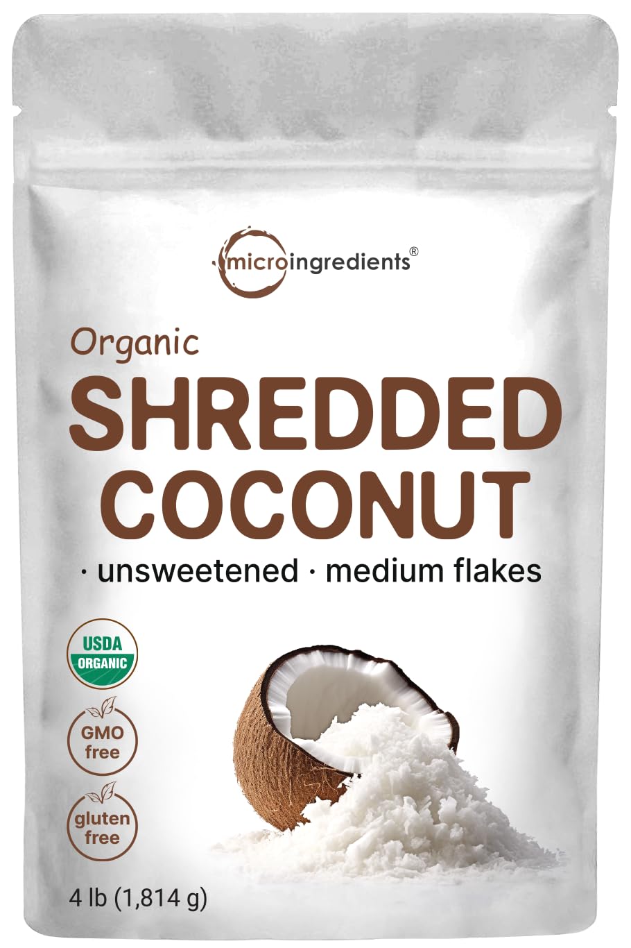 Organic Shredded Coconut Flakes, 4lbs | Raw Unsweetened Flavor, Medium Sized | Great for Baking, Smoothies, or Garnish | Non-GMO