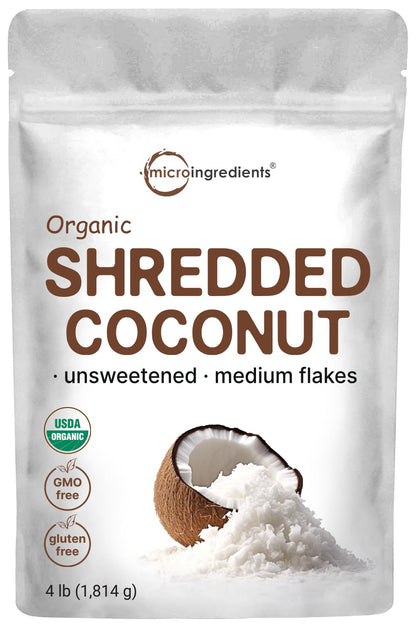 Organic Shredded Coconut Flakes, 4lbs | Raw Unsweetened Flavor, Medium Sized | Great for Baking, Smoothies, or Garnish | Non-GMO