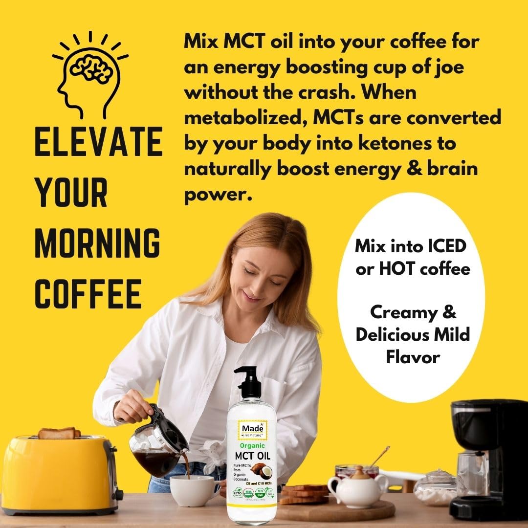 Made By Nature Organic Mct Oil, 32 Oz, Pure Mcts From Coconuts, C8 And C10 Mcts, Keto Diet Friendly, Use In Coffee, High Bioavai