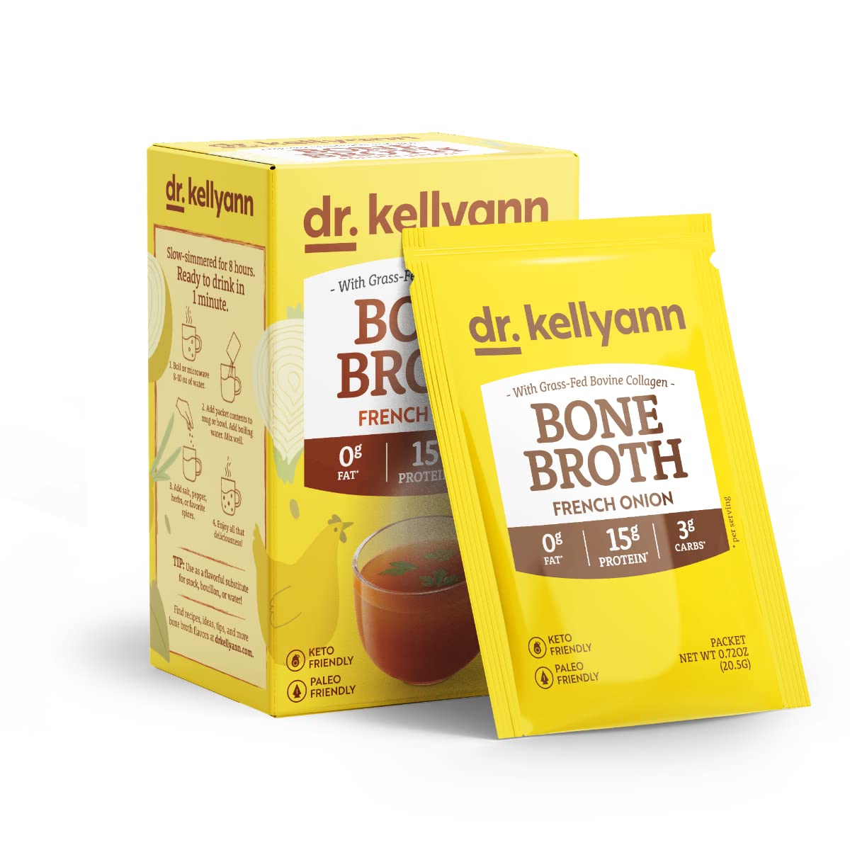 Dr. Kellyann French Onion Bone Broth Collagen Packets (7 Servings  1 Box) - 16g Protein/Serving  100% Grass-Fed Hydrolyzed Collagen  Keto & Paleo Friendly