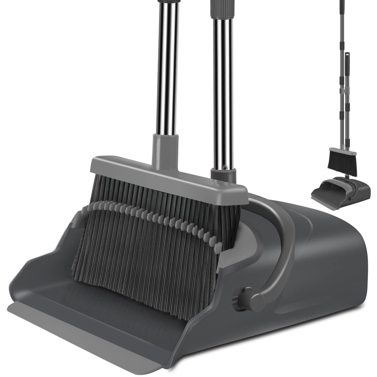 Kelamayi Broom And Dustpan Set For Home, Office, Indoor&Outdoor Sweeping, Stand Up Broom And Dustpan (Black&Gray)