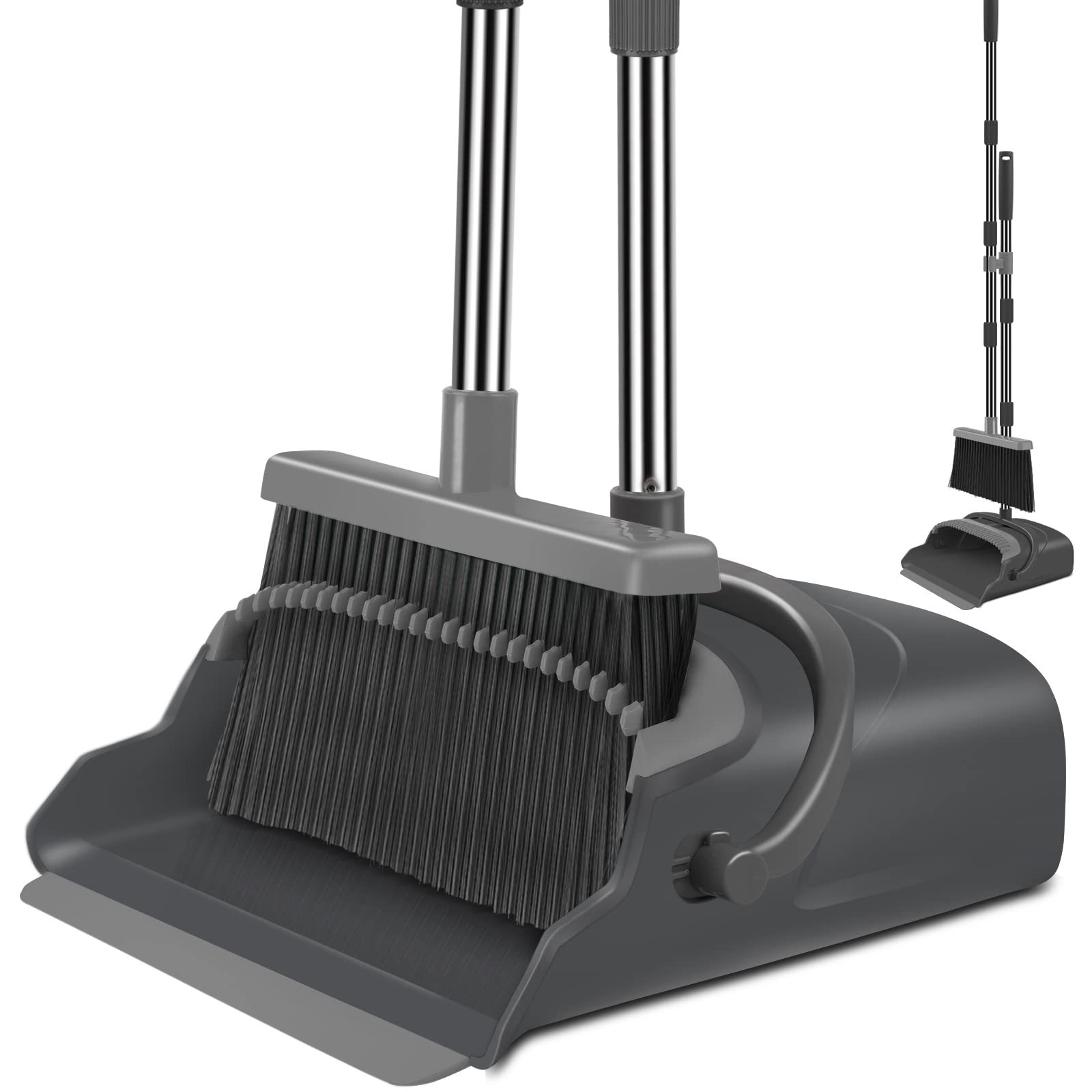 Kelamayi Broom And Dustpan Set For Home, Office, Indoor&Outdoor Sweeping, Stand Up Broom And Dustpan (Black&Gray)