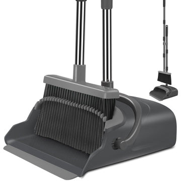 Kelamayi Broom And Dustpan Set For Home, Office, Indoor&Outdoor Sweeping, Stand Up Broom And Dustpan (Black&Gray)