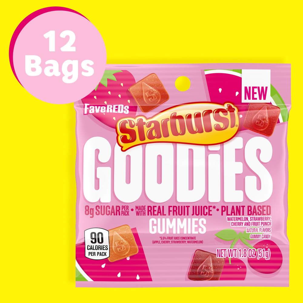 Starburst Goodies Favereds Plant-Based Fruit Gummy Candy, 1.8 Oz Bags (Pack Of 12)