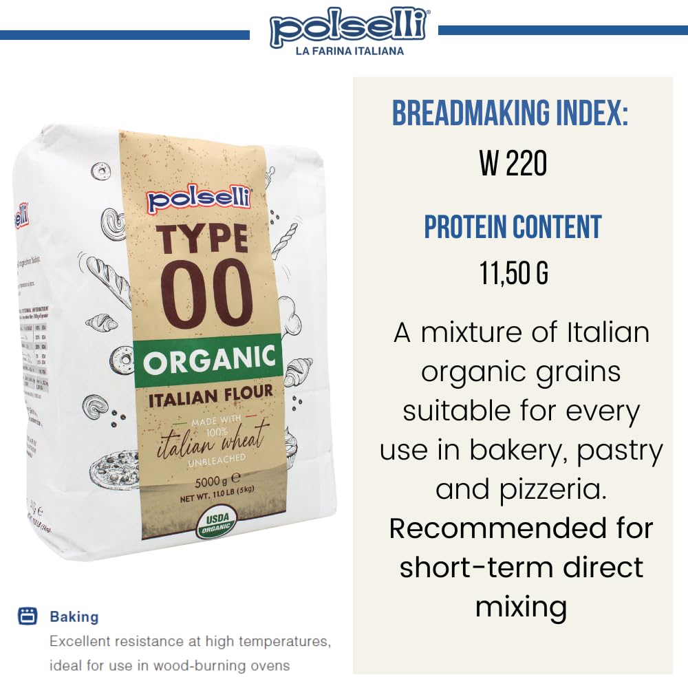 Polselli Organic Flour, Type 00, 100% Italian Grain, Double Zero Flour, Oo Extra Fine, Bio, Neapolitan Italian Pizza, Bread, Pas