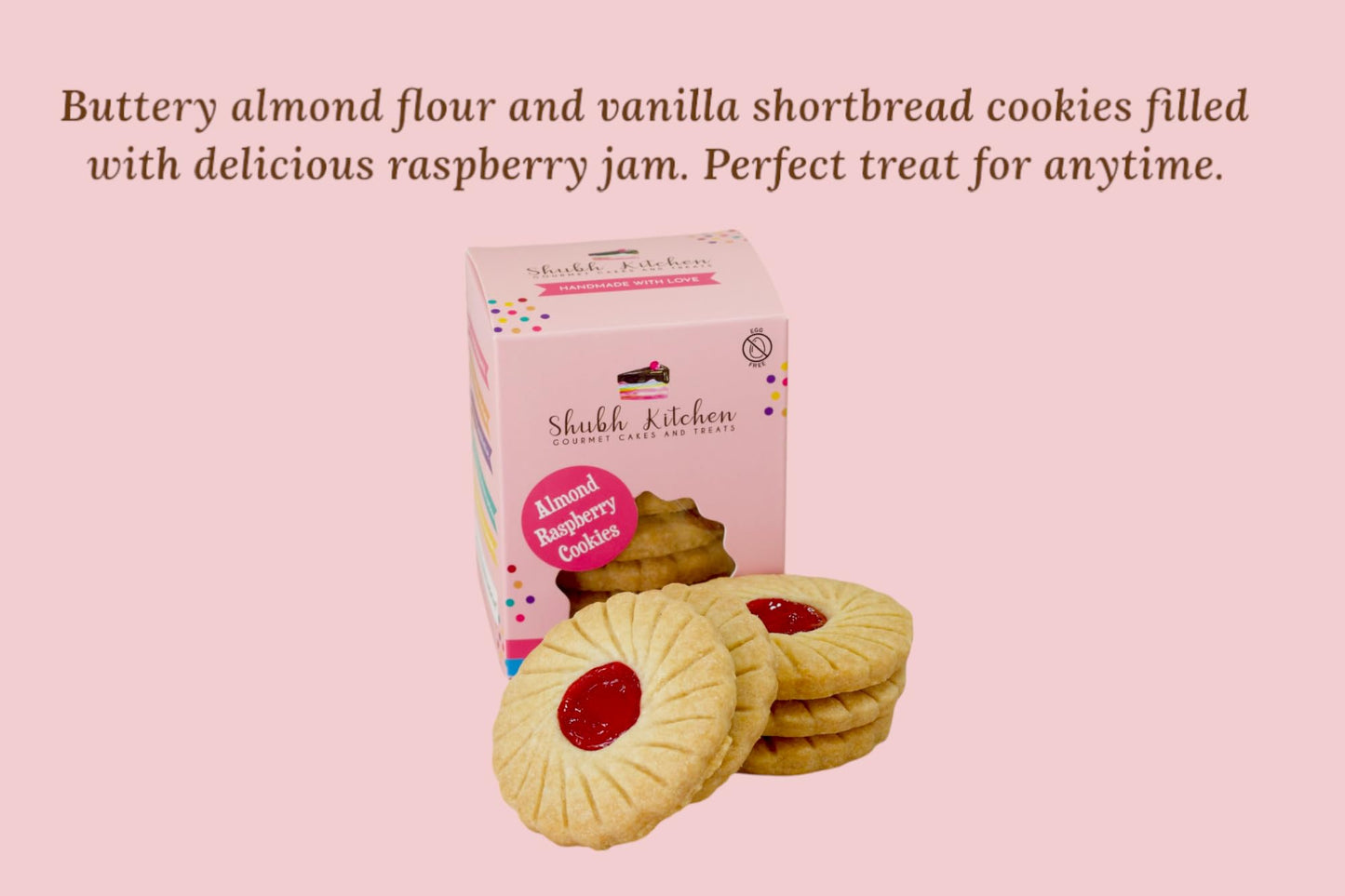 Shubh Kitchen Almond Raspberry Cookies - Gourmet Jam-Filled, Egg-Free & Vegetarian, 6 oz Pack, Handmade, Red & Light Brown
