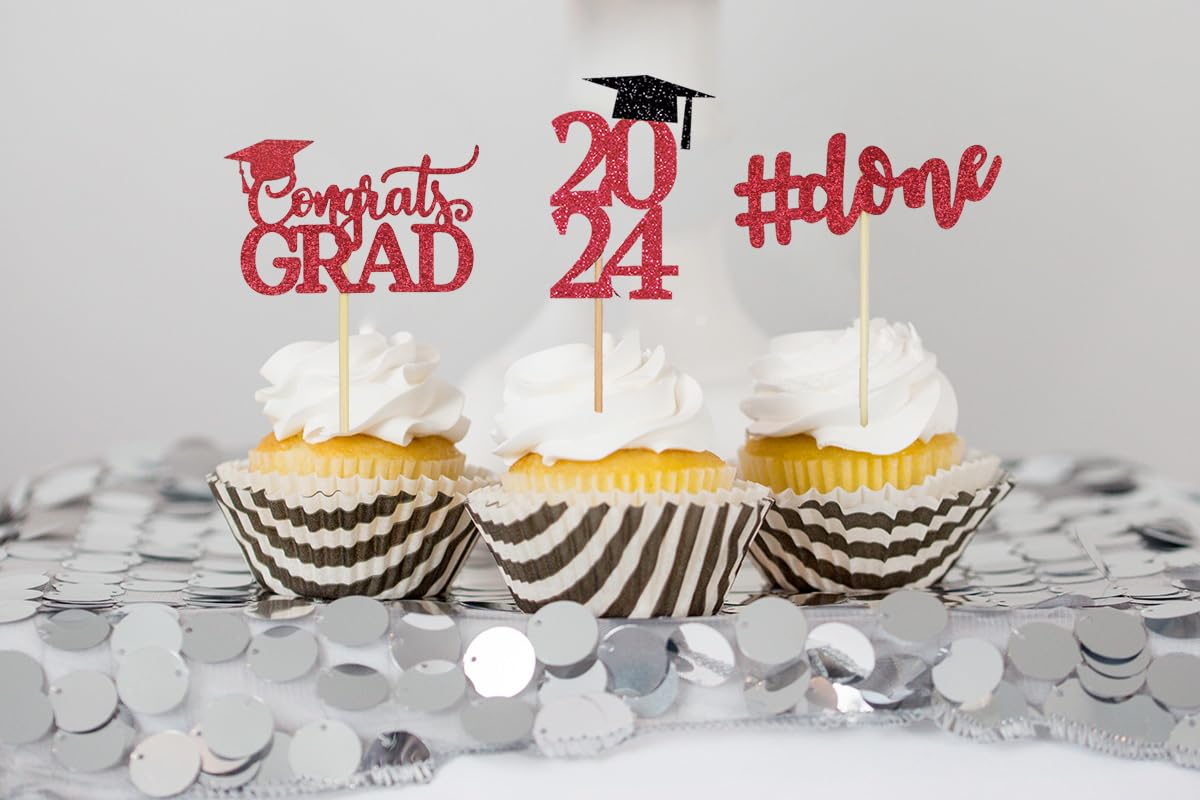 Graduation Cupcake Toppers 2024 Red, Glitter Class Of 2024 Cupcake Toppers Supplies, Class Of 2024 Congrats Grad Cap Diploma Cup