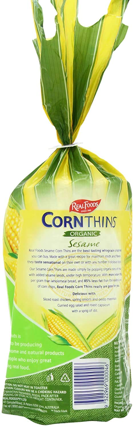 Real Foods Organic Sesame Corn Thins, 5.3oz Pack of 2, USDA Organic Snack