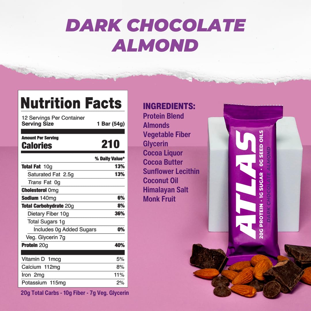Atlas Protein Bar  20g Protein  1g Sugar  Clean Ingredients  Gluten Free (Dark Chocolate Almond  12 Count (Pack of 3))