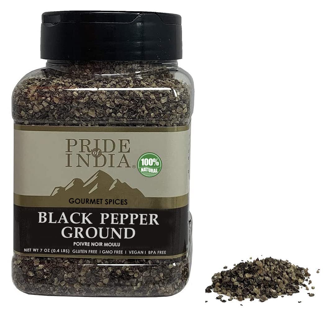 Pride Of India Black Pepper Ground - Pack of 6 - 7oz Medium Dual Sifter Jar - Fresh & Preservatives Free
