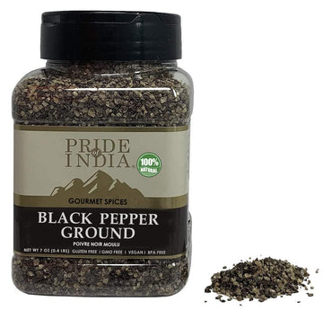 Pride Of India Black Pepper Ground - Pack of 6 - 7oz Medium Dual Sifter Jar - Fresh & Preservatives Free