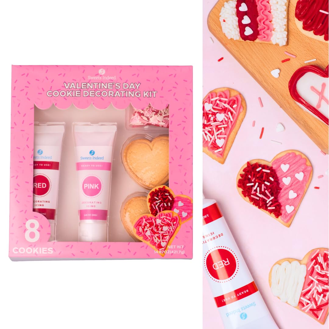 Sweets Indeed Cookie Decorating Kit 8 Baked cookies Heart sprinkes frosting tubes 14.87 ounces