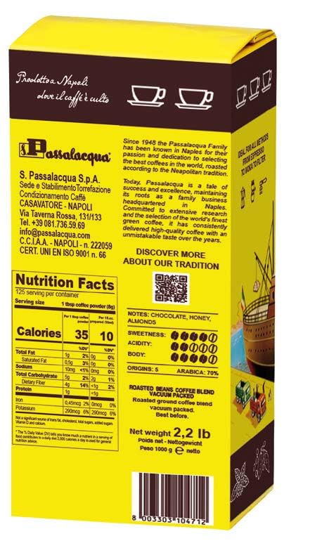 Passalacqua Cremador Whole Bean Coffee - 70% Arabica Medium/Dark Roast (1kg / 35.2 Ounce)