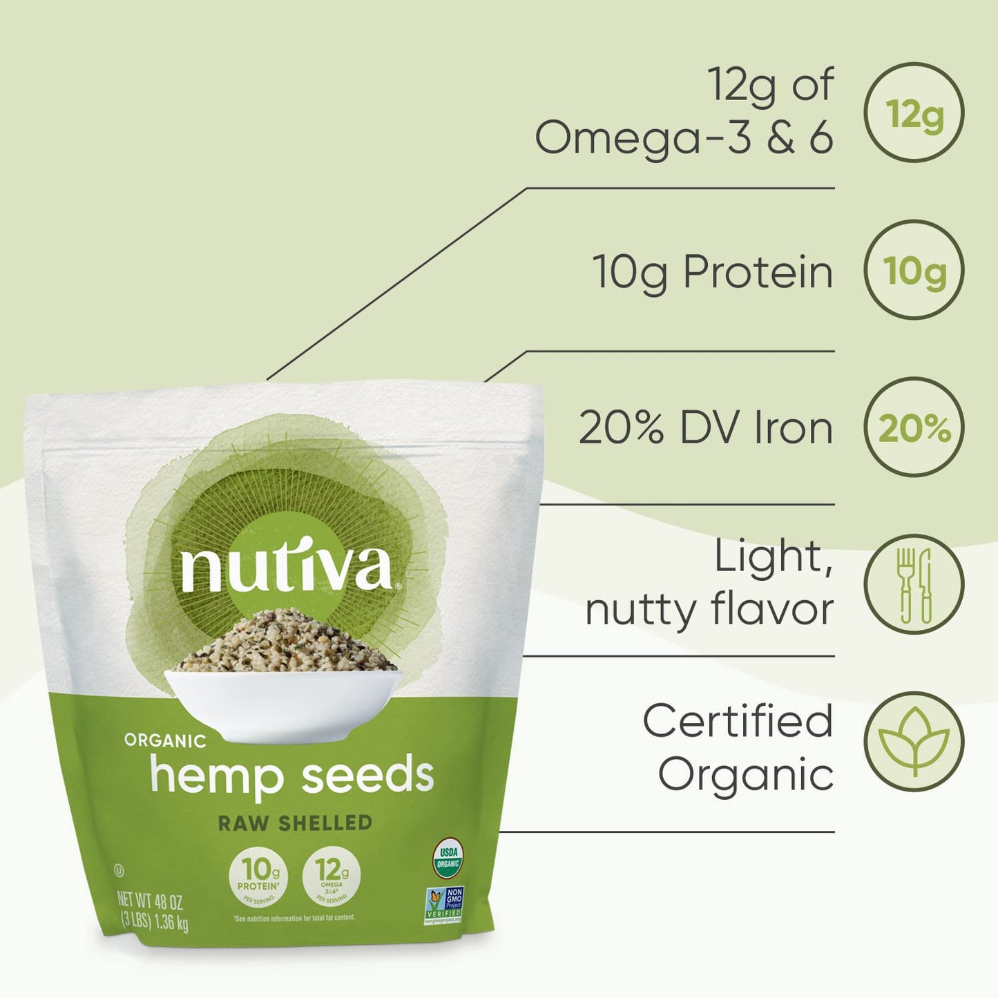 Nutiva Organic Raw Shelled Hemp Seed, Non-GMO, Vegan, Gluten-Free, 48 Ounce, Whole 30 Approved, 10g Protein, 12g Omegas