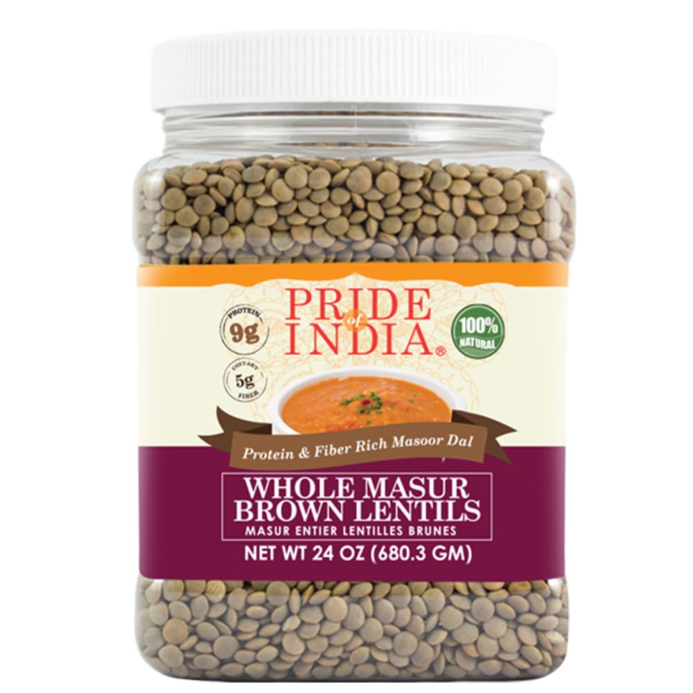 Pride Of India - Indian Whole Brown Crimson Masur Lentils - Protein & Fiber Rich Masoor Whole, 1.5 Pound Jar