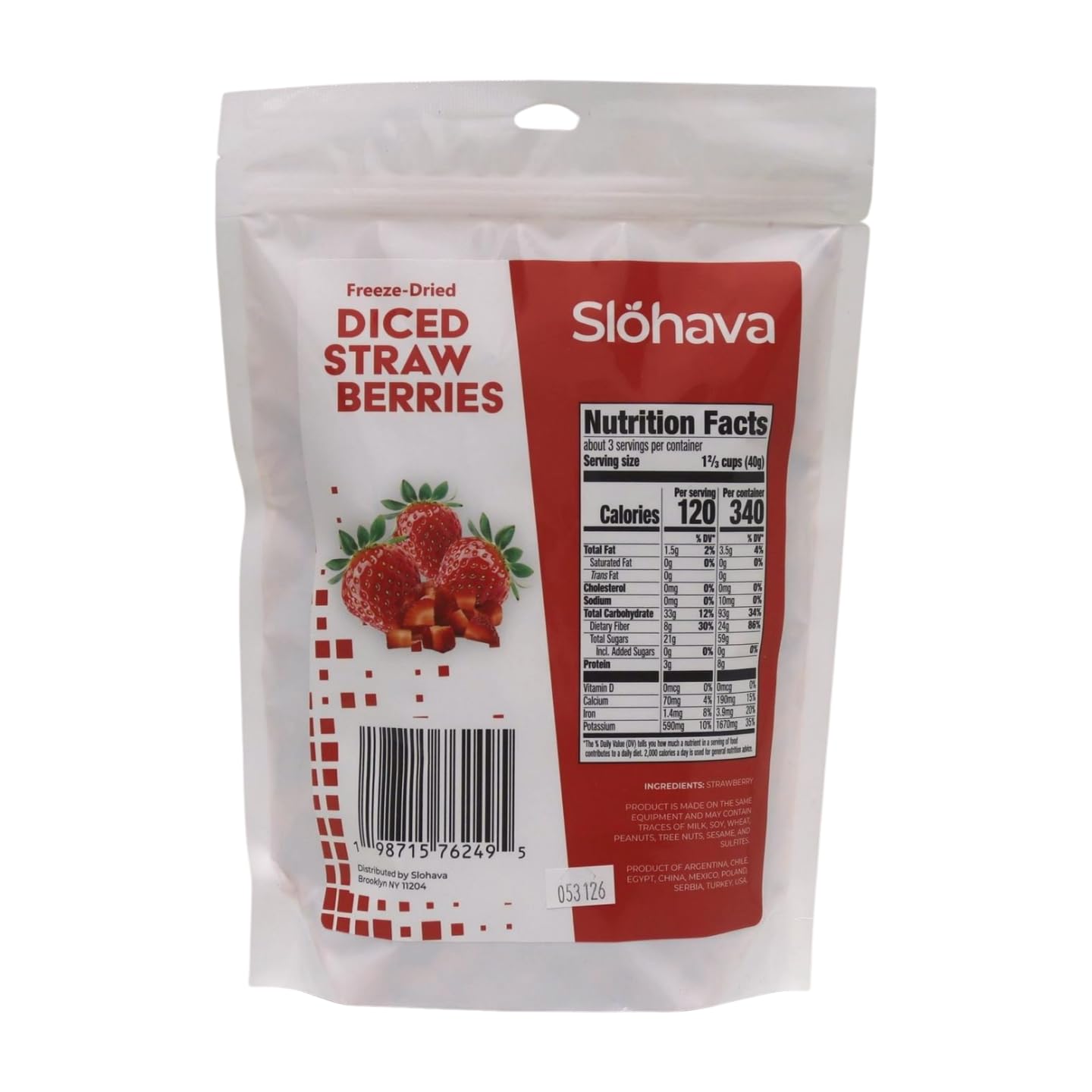 Slohava Freeze Dried Diced Strawberries Pieces, 4 Oz. 100% Natural Fruit, No Sugar Added, Kosher, Resealable Pouch.